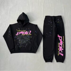 Sp5der Black Hoodie and Jogger Set with Pink Graphic